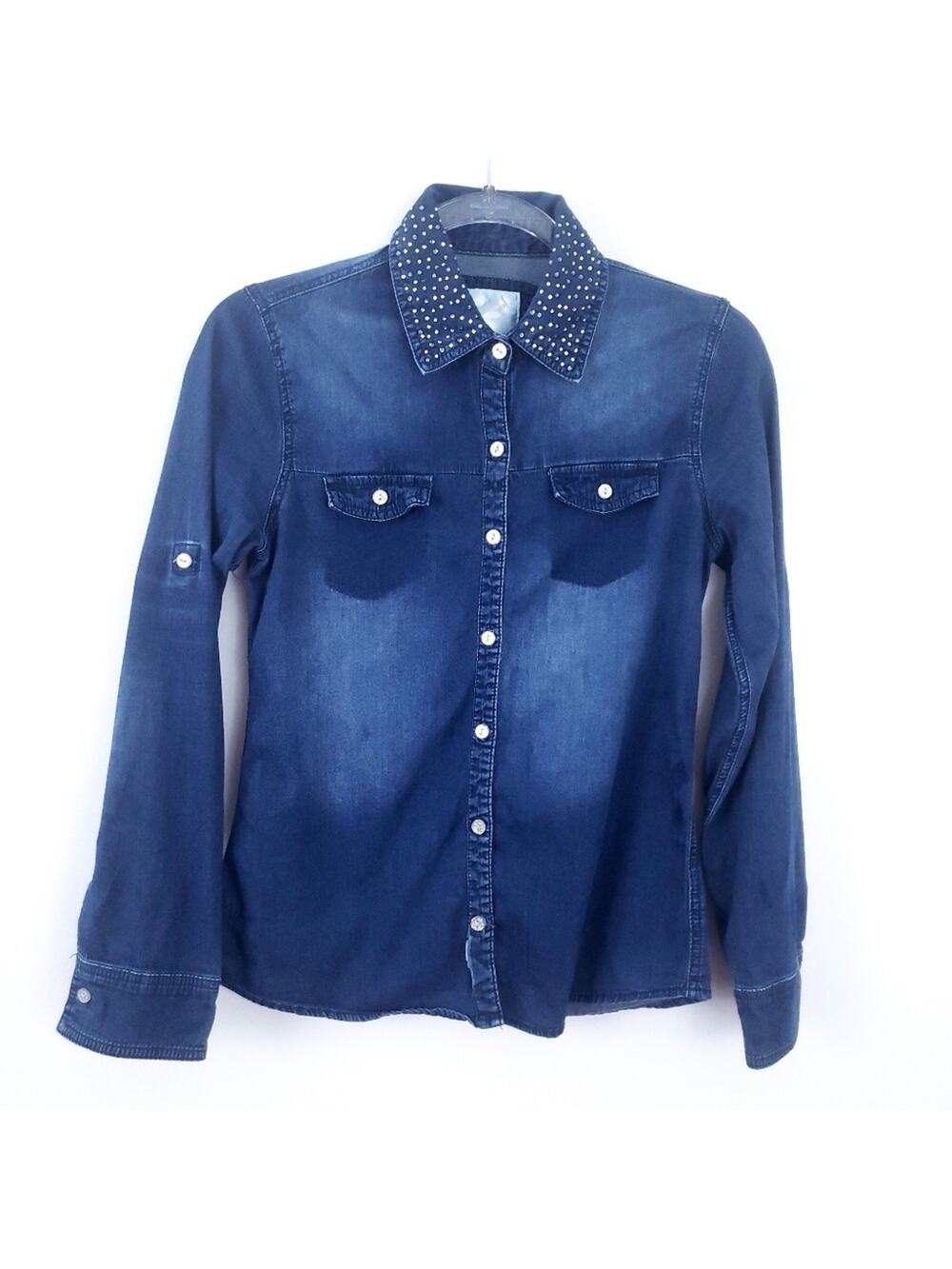 Justice Ombre Denim Shirt Rhinestone Size 16 Girls Kids Long Sleeve Button Down